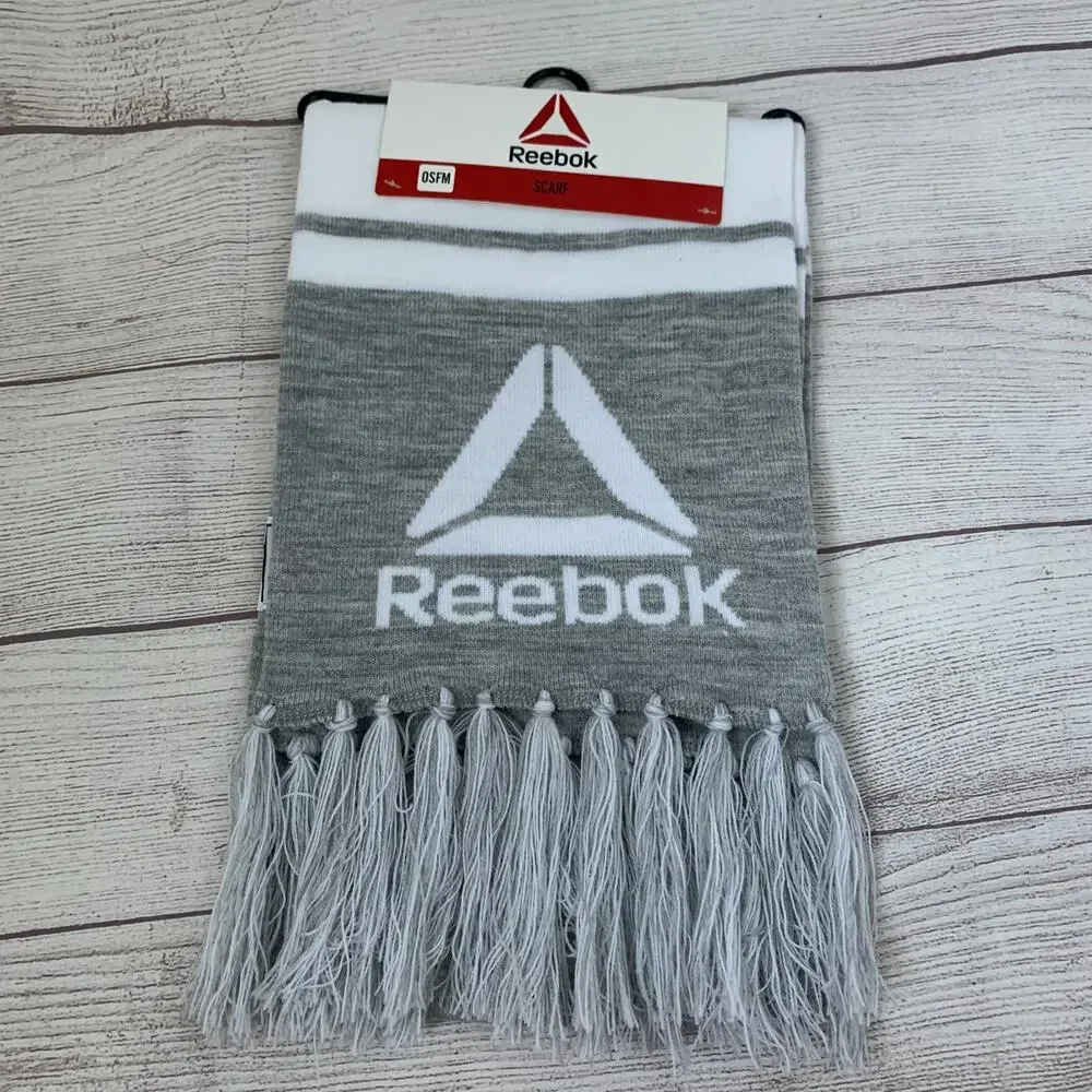Reebok Gray and White Scarf with Fringe Tassel and Logo